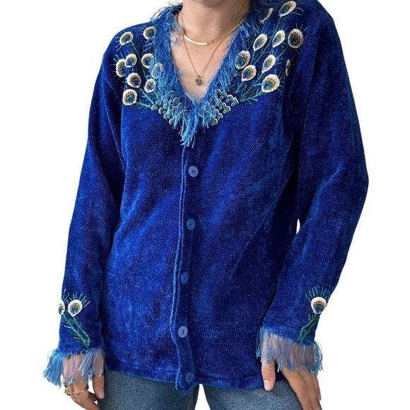Vintage Y2K Womens Cobalt Blue Peacock Chenille Velvet Ugly Cardigan XL - Picture 1 of 9